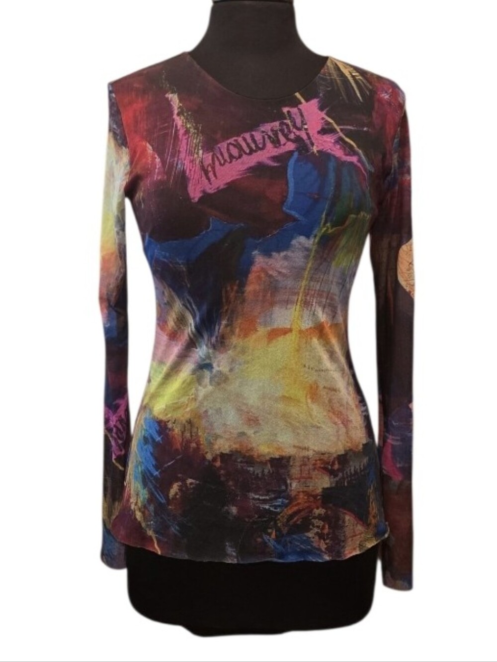 Petit Pois L Mesh Top Abstract Multi-Color Long-Sleeve Tee Stretchy Euro Mesh